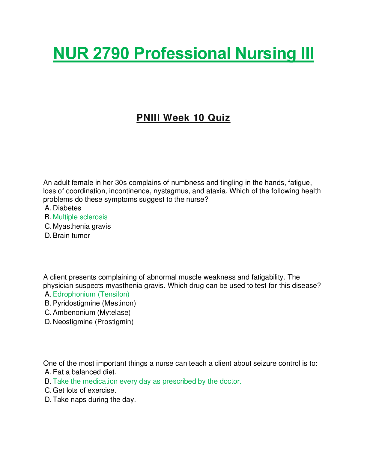 Preview of NUR2790 / NUR 2790: Professional Nursing III / PN3 Week 10 Quiz (Latest Update) Rasmussen